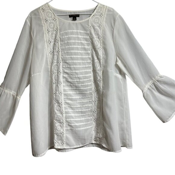 Sweet Magnolia Women's Off-White Chiffon Embroider Eyelet Bell Sleeve Top Sz XL - Picture 1 of 12